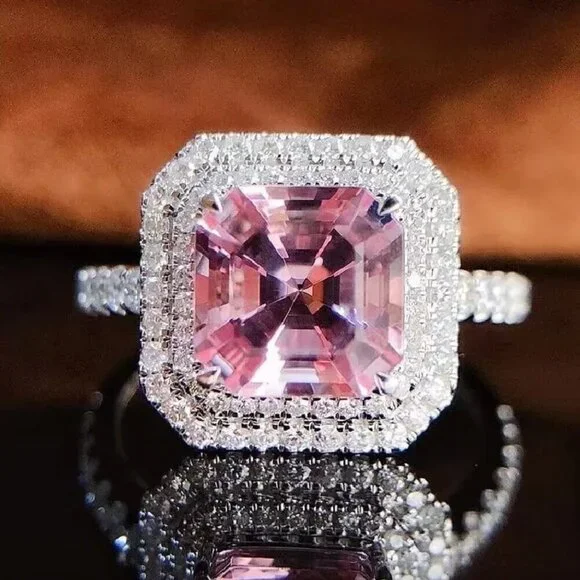 NEW 925 Sterling Silver Pink Diamond Ring Cushion Cut Halo Ring - Picture 2 of 7